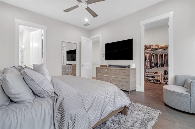 bedroom with ceiling fan, a walk in closet, a closet, and hardwood / wood-style flooring