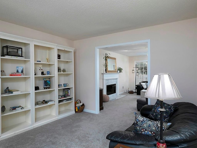 4601 Gann Xing SW, Smyrna, GA 30082 - living room with carpet, a high end fireplace, and a textured ceiling