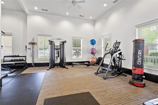 951 Glenwood Ave SE Unit 1805, Atlanta, GA 30316 - exercise room with a towering ceiling, plenty of natural light, a ceiling fan, baseboards, and recessed lighting