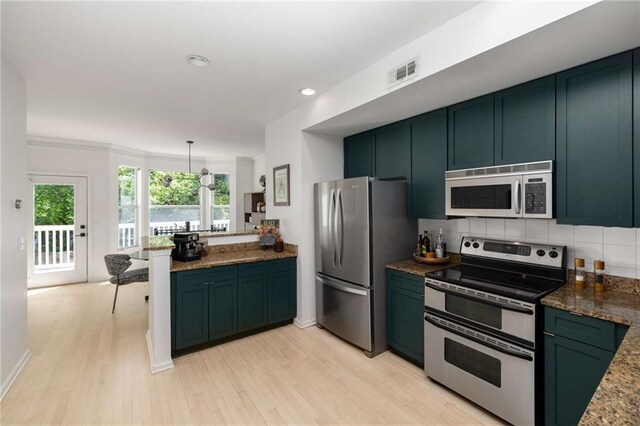 951 Glenwood Ave SE Unit 1805, Atlanta, GA 30316 - kitchen with stainless steel appliances, a peninsula, light wood-style floors, tasteful backsplash, and recessed lighting