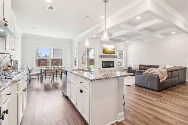 66 Cottontail Ln, Loganville, GA 30052 - kitchen with a sink, stainless steel appliances, a glass covered fireplace, wood finished floors, and white cabinetry
