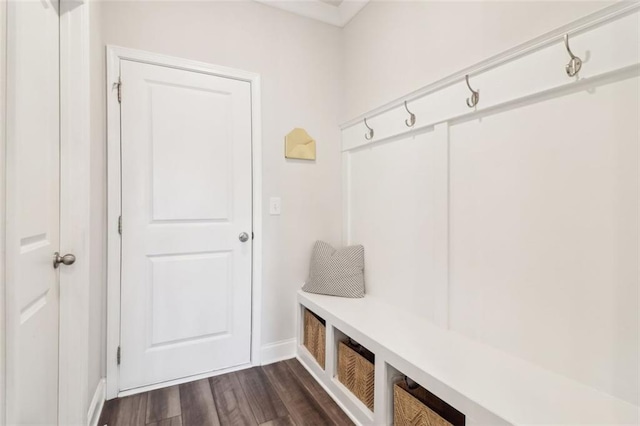 66 Cottontail Ln, Loganville, GA 30052 - mudroom featuring dark wood-style flooring and baseboards