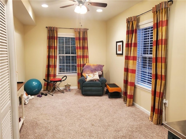 workout room with carpet, baseboards, a ceiling fan, and recessed lighting