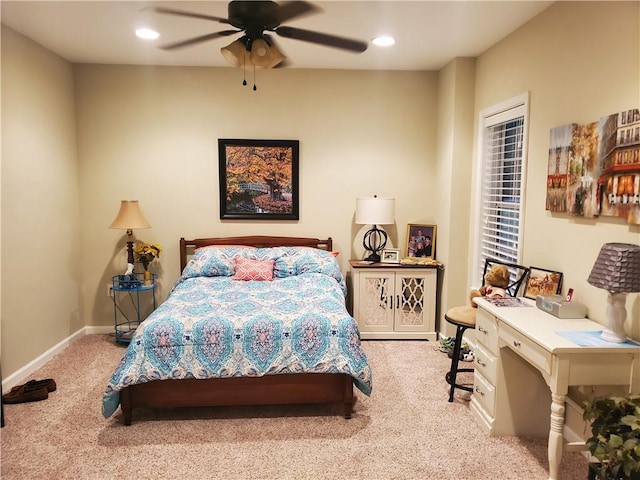 bedroom featuring carpet, baseboards, a ceiling fan, and recessed lighting