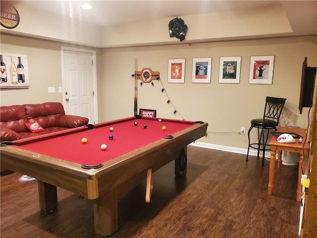 game room featuring billiards, wood finished floors, and baseboards