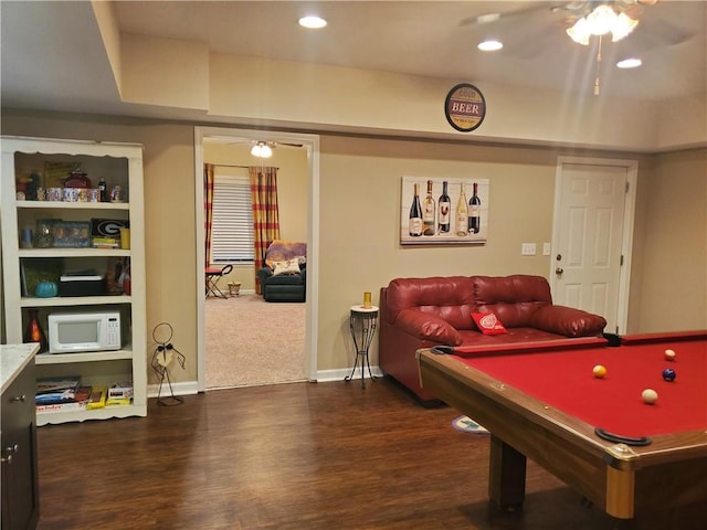 rec room featuring a ceiling fan, recessed lighting, and wood finished floors