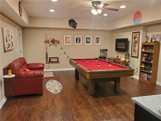 playroom with baseboards, pool table, ceiling fan, and wood finished floors