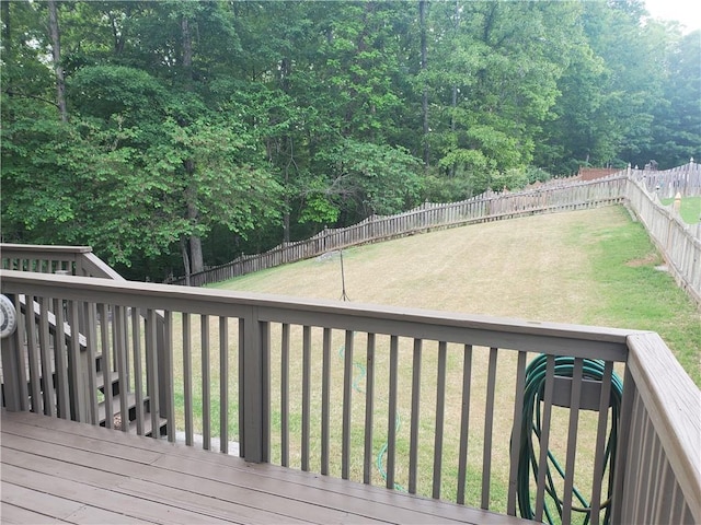 wooden terrace with a fenced backyard and a yard