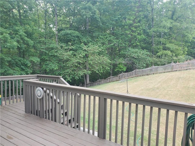 deck with a fenced backyard and a yard