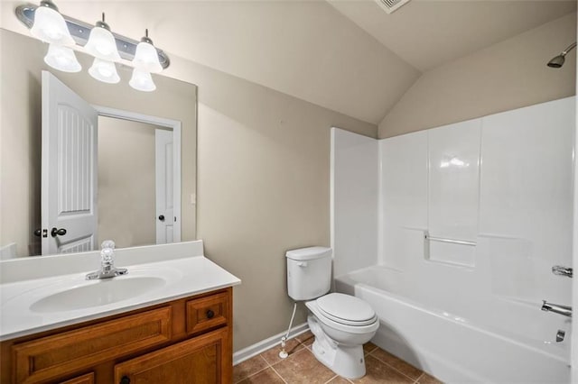 full bathroom featuring lofted ceiling, tile patterned floors, toilet, tub / shower combination, and vanity