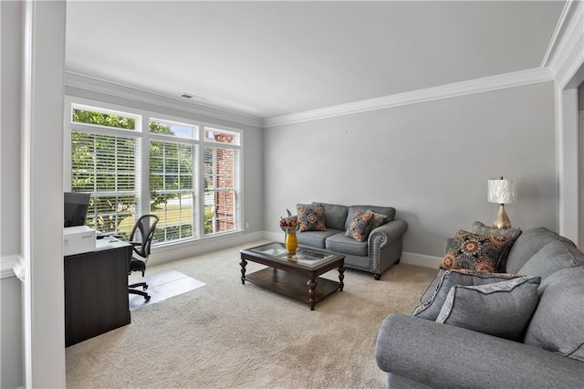 carpeted living room with ornamental molding