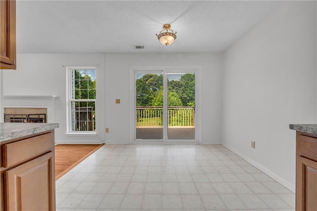6440 Narramore Way, Lula, GA 30554 - unfurnished dining area with light floors, a warm lit fireplace, a textured ceiling, and baseboards