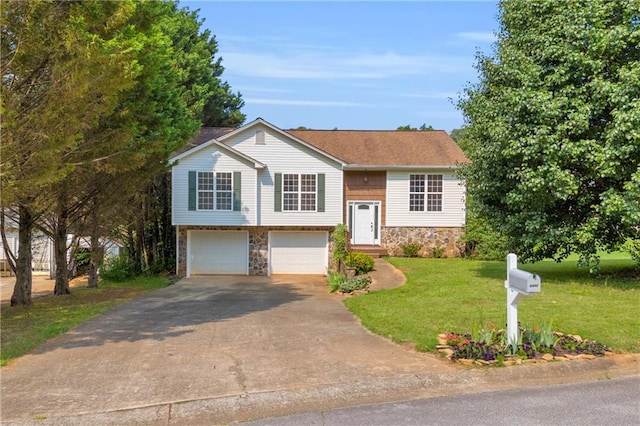 6440 Narramore Way, Lula, GA 30554 - raised ranch featuring stone siding, a garage, concrete driveway, and a front yard