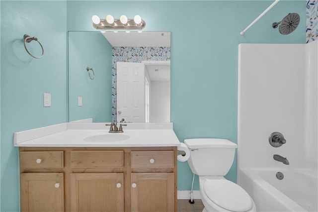 6440 Narramore Way, Lula, GA 30554 - bathroom featuring toilet, tub / shower combination, vanity, baseboards, and tile patterned floors