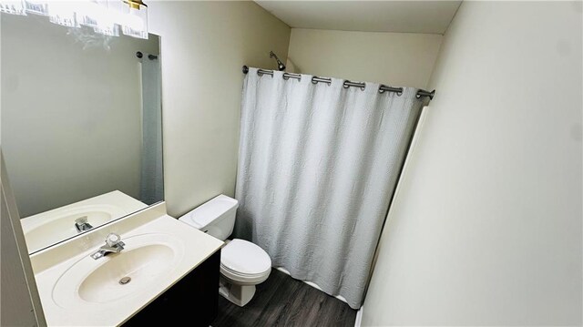 bathroom with a shower with shower curtain, vanity, wood-type flooring, and toilet