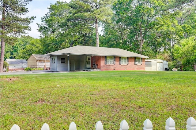 3221 Colquitt Dr, Atlanta, GA 30340 - ranch-style home with an outdoor structure, aphalt driveway, a front yard, a shed, and crawl space