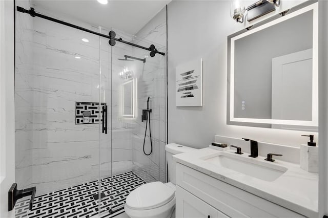 270 Boulder Dr, Roswell, GA 30075 - full bathroom featuring vanity, a marble finish shower, and toilet