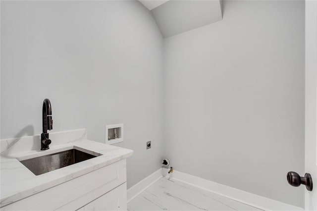 270 Boulder Dr, Roswell, GA 30075 - laundry area with washer hookup, electric dryer hookup, light marble finish floors, gas dryer hookup, and baseboards