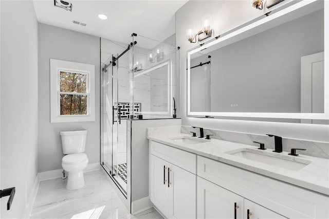 270 Boulder Dr, Roswell, GA 30075 - bathroom with toilet, marble look tile flooring, a marble finish shower, and double vanity