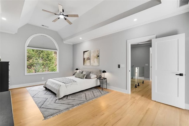 270 Boulder Dr, Roswell, GA 30075 - bedroom featuring vaulted ceiling, light wood-style floors, baseboards, crown molding, and a ceiling fan