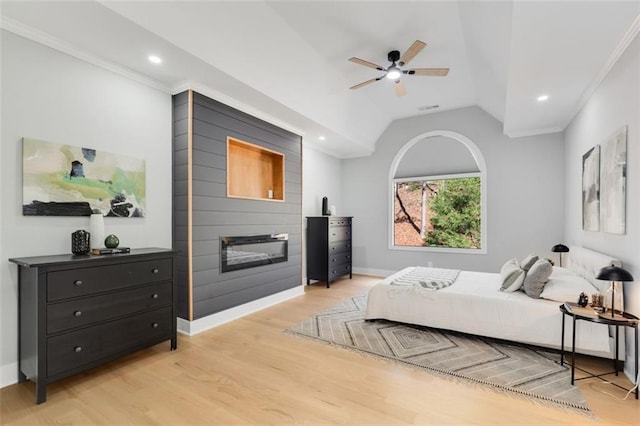 270 Boulder Dr, Roswell, GA 30075 - bedroom with crown molding, light wood finished floors, lofted ceiling, baseboards, and recessed lighting