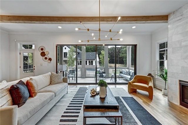 living room featuring a chandelier, light hardwood / wood-style flooring, a fireplace, and a healthy amount of sunlight