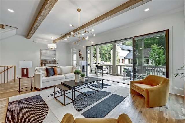 living room with beam ceiling, light hardwood / wood-style flooring, and a chandelier