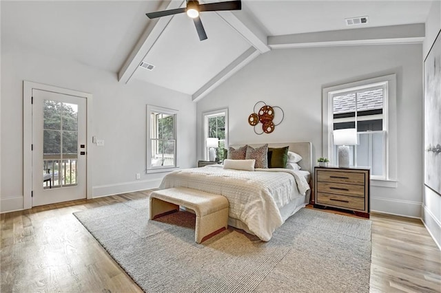 bedroom with access to exterior, ceiling fan, lofted ceiling with beams, and light hardwood / wood-style floors