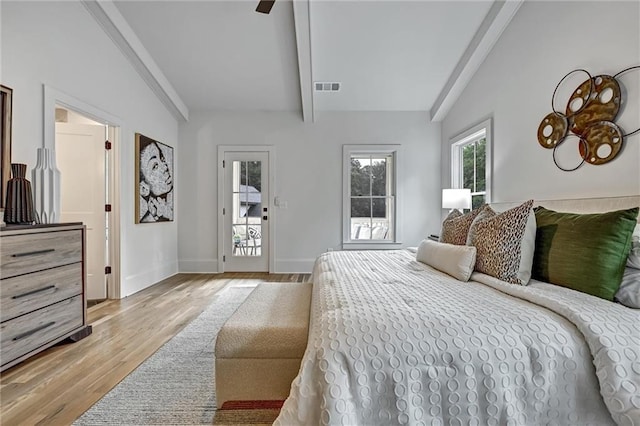 bedroom with vaulted ceiling with beams, access to outside, light hardwood / wood-style flooring, and ceiling fan