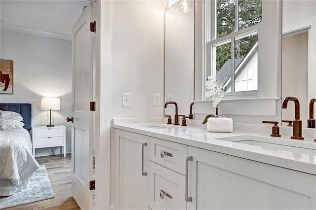 bathroom featuring crown molding, vanity, and wood-type flooring