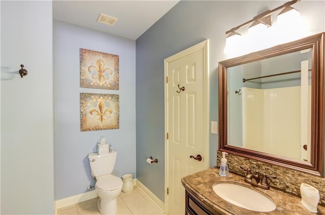 bathroom with tile patterned flooring, vanity, toilet, and walk in shower