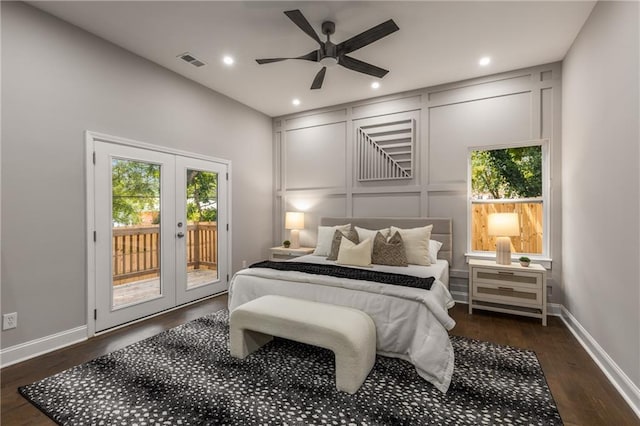 bedroom featuring french doors, ceiling fan, access to outside, and dark wood-type flooring