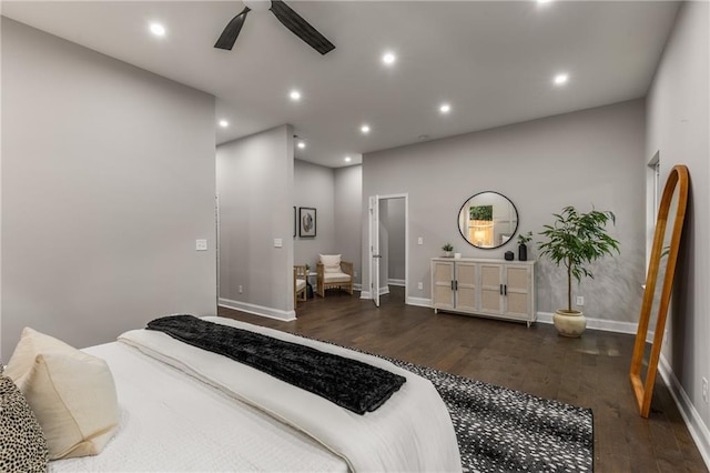 bedroom with dark wood-type flooring and ceiling fan