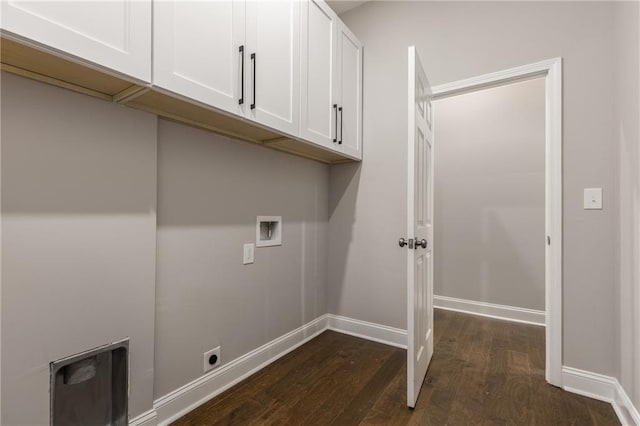 laundry area with washer hookup, dark wood-type flooring, cabinets, and hookup for an electric dryer