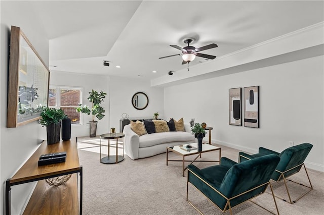 living room featuring ceiling fan and light carpet