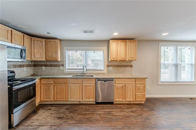 kitchen featuring sink, dark wood-type flooring, appliances with stainless steel finishes, and tasteful backsplash