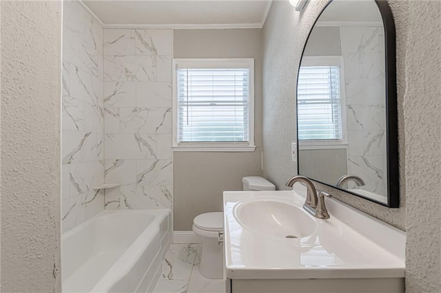 bathroom with plenty of natural light, marble finish floor, vanity, and toilet