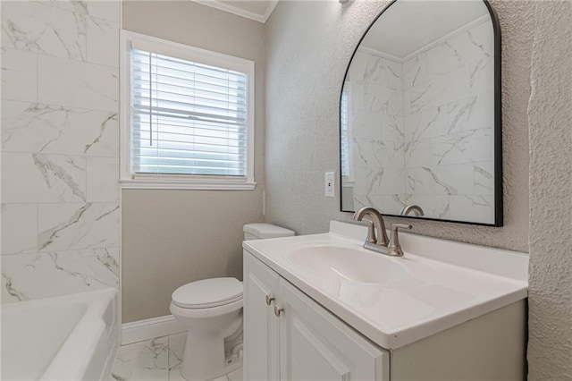 full bathroom with toilet, baseboards, marble finish floor, vanity, and ornamental molding