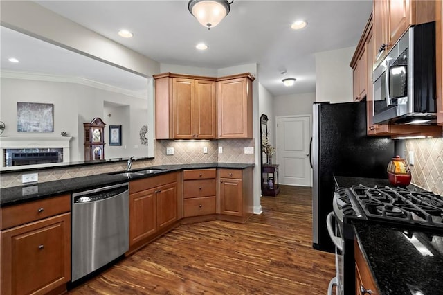 kitchen featuring sink, appliances with stainless steel finishes, dark hardwood / wood-style flooring, dark stone counters, and backsplash