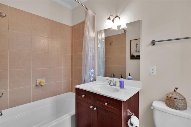 bathroom with toilet, shower / bathtub combination with curtain, and vanity