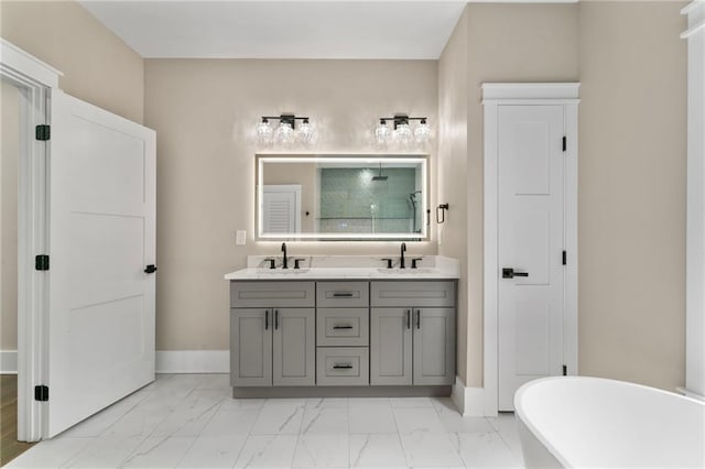 1066 Fairway Valley Dr, Woodstock, GA 30189 - full bath with marble look tile flooring, baseboards, and double vanity