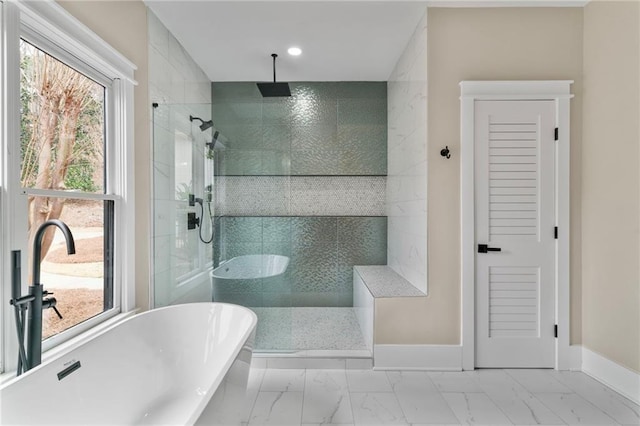 1066 Fairway Valley Dr, Woodstock, GA 30189 - bathroom featuring marble finish flooring, baseboards, walk in shower, a soaking tub, and recessed lighting