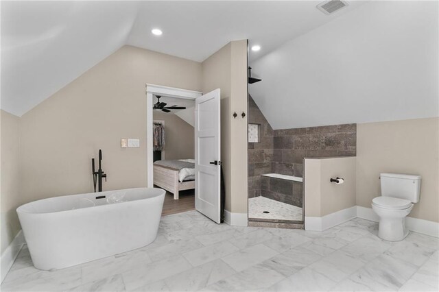 1066 Fairway Valley Dr, Woodstock, GA 30189 - full bath with vaulted ceiling, marble finish flooring, a walk in shower, baseboards, and toilet