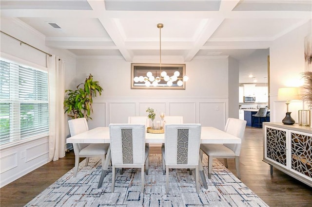 dining room featuring dark wood-type flooring, coffered ceiling, and a notable chandelier