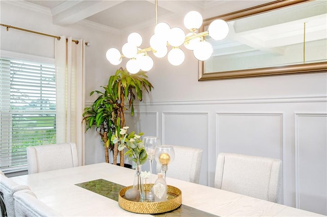 dining area with beam ceiling, crown molding, and an inviting chandelier