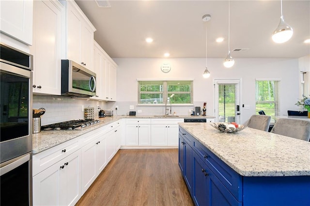 kitchen with white cabinetry, blue cabinets, a healthy amount of sunlight, and appliances with stainless steel finishes