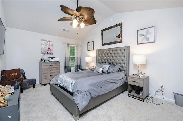 carpeted bedroom with ceiling fan and lofted ceiling