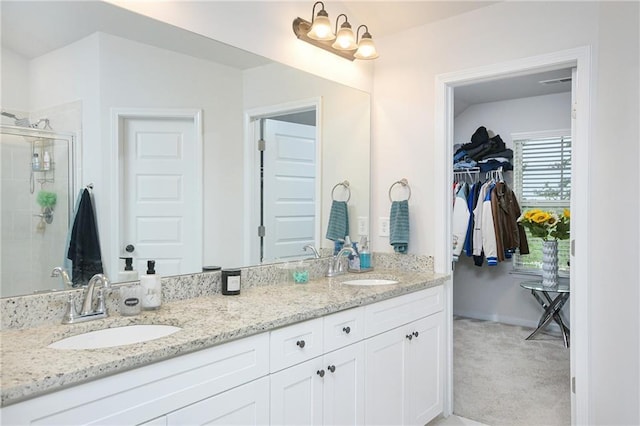 bathroom featuring vanity and a shower with shower door