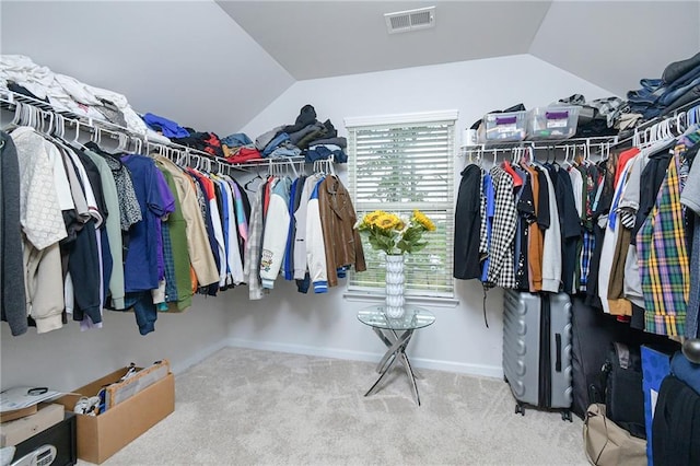 spacious closet with carpet flooring and vaulted ceiling