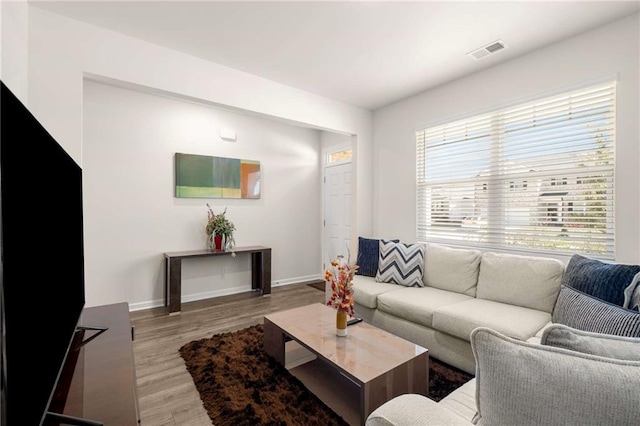 living room with light hardwood / wood-style flooring